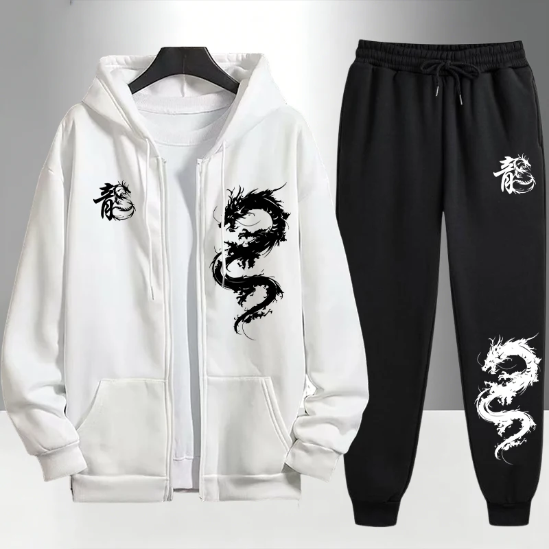 Mens Fashion Suits - Chinese Dragon Print Tracksuit for Men
