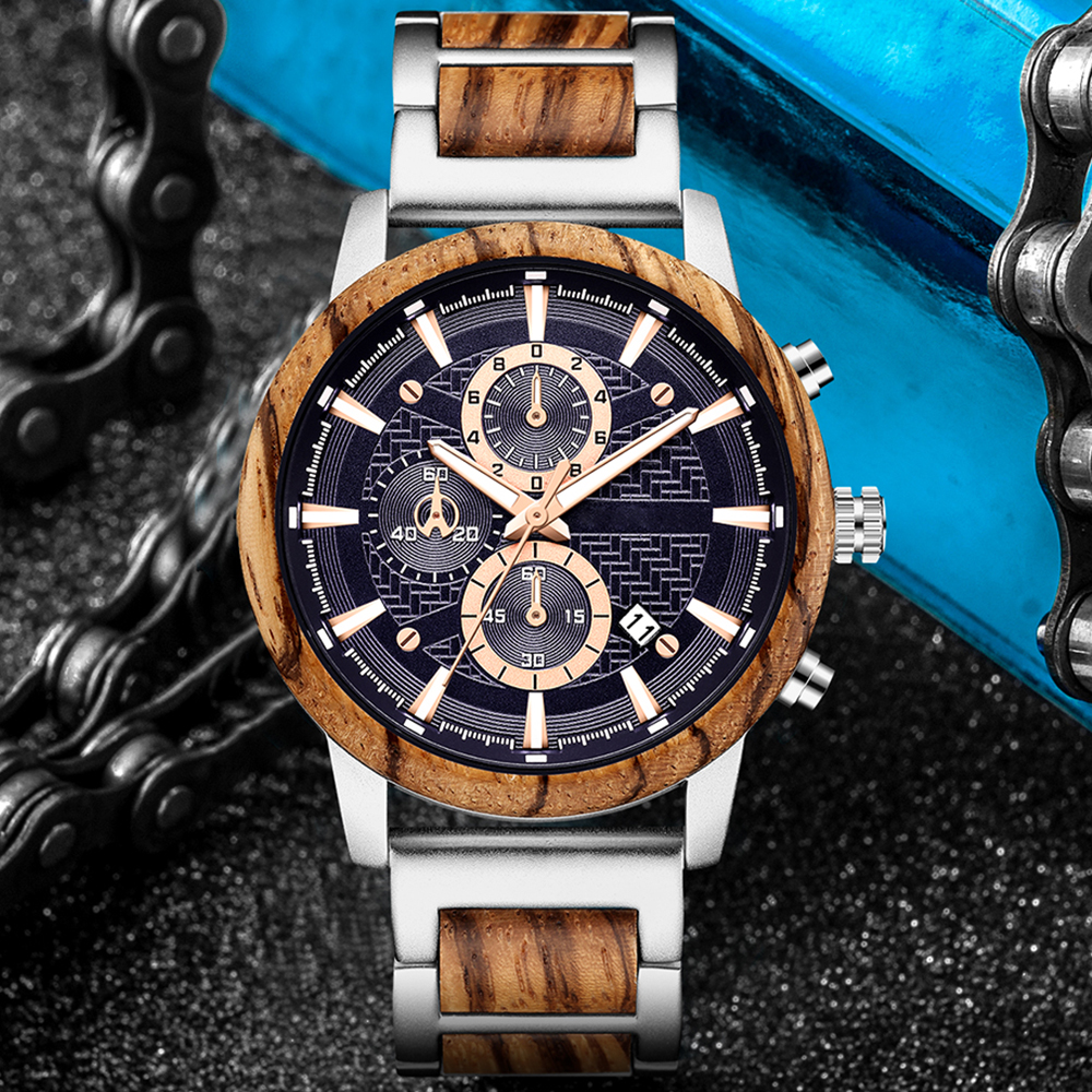 Mens Fashion Combination - Alloy & Wood Combined Strap Watches
