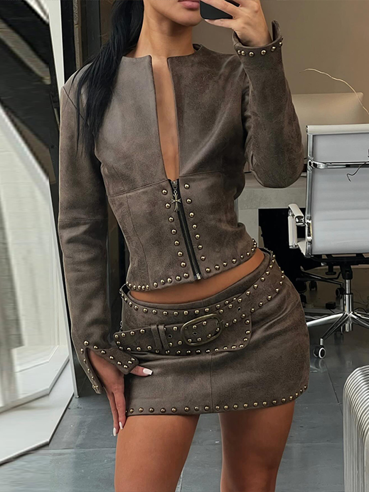 Y2k Leather Skirt Set Women Ri - Belt Mens Fashion のレビューと価格